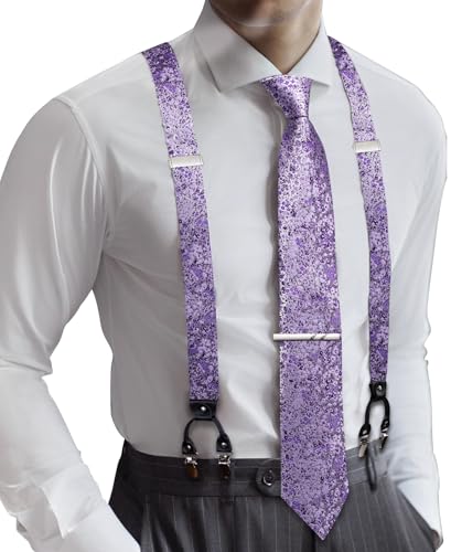 Image of Barry.Wang Men Suspender Set with Necktie Elastic Y Type Heavy Duty 6 Clips Braces Tie Handkerchief Cufflink Pin 6PCS