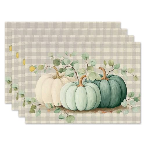 Jauageon Set of 4 Buffalo Plaid Pumpkins Eucalyptus Leaves Fall Placemats Seasonal Autumn Maple Leaves Table Mats for Indoor Outdoor Home Party Dining Decor Burlap Table Mats 12.5x18 Inch #WP015