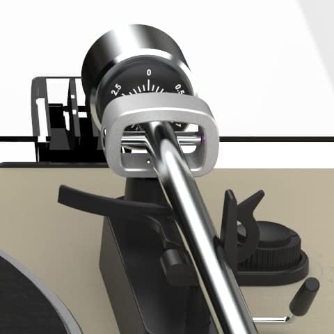 Close-up of the tonearm counterweight and anti-skate mechanism.