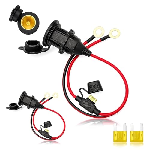 2 PCS Conectores de Toma Mechero Coche, 12 V/24 V Enchufe Encendedor con 20A Fusible, Cable Alargador 1.3FT 14AWG de Rosca Fija y Terminal Anillo de 8.3 mm para Auto Camión Coche Barco Motocicleta