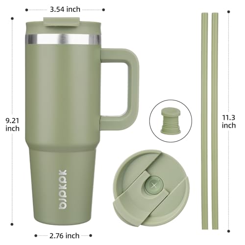 Image of BJPKPK 30 oz Stainless Steel Tumbler With Handle Insulated Tumblers With 2 Straw Travel Coffee Mug With Lid,Sage