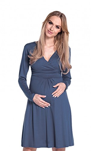 HAPPY MAMA Femme. Robe de Grossesse Manches Longues. Robe à Taille froncée. 890p (Bleu Gris, 36, S)