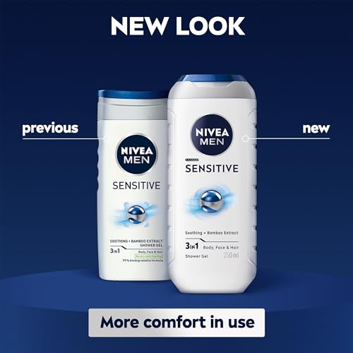 NIVEA MEN Sensitive Shower Gel Pack of 6 (6 x 250 ml), Alcohol-Free Sensitive Skin Body Wash, Gentle Shower Gel Men with Bamboo Extract, Body Wash for Men with Irritated Skin