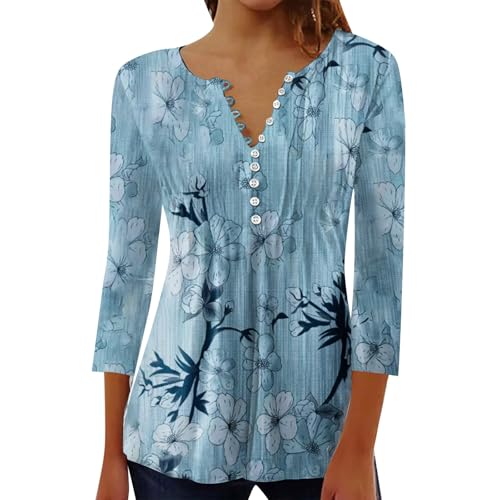 SHAOBGE Fall 3/4 Sleeve Tops for Women 2024 Floral Print Casual Shirts V Neck Button Oversized Comfy Lightweight Y2k Blouses