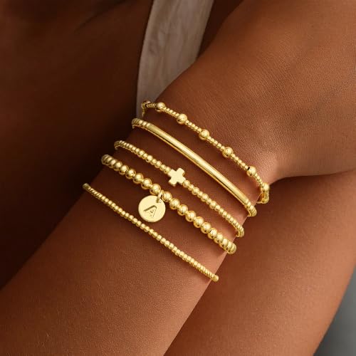 Turandoss Gold Cross Bead Bracelets Sets for Women Teen Girls - Dainty Layered Cross Initial Beaded Bracelets Stack Letter A-Z Bracelet Gifts for Women Teen Girls - image 2