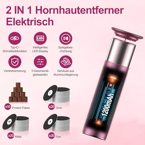 Hornhautentferner Elektrisch mit LED-Licht, 2-in-1 Elektrischer Hornhautentferner Kabellos, Hornhaut Entferner Professionelles mit 70Pcs Schleifpads für Tote Rissige Haut