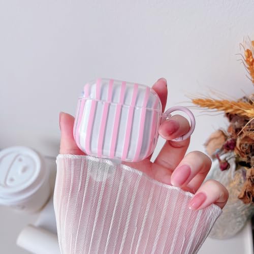Image of MINSCOSE for AirPods 4 Clear Case,Cute Striped Aesthetic Pattern Design with Trendy Keychain Ring,Soft TPU Protective Shockproof Cover with Cleaner Kit for Girls Women for Airpods 4-Clear Pink