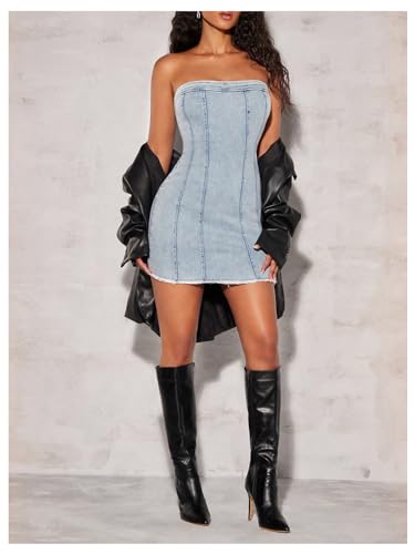 Floerns Women's Summer Strapless Raw Hem Tube Bodycon Denim Corset Mini Dress3