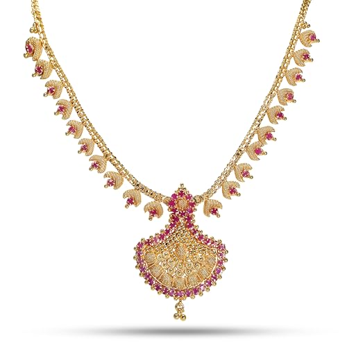 CUTE GOLD One Gram Micro Gold Plated Traditional Trendy South Indian Fashion Jewellery Stylish Ruby Emrald Stone Necklace for Women & Girls, 18 Inch, Gold Plated, Ruby