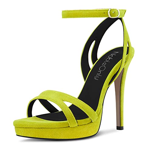 NobleOnly Mujer Aguja Alto High Heel Abierta Punta Correa Tobillo Cierre con Hebilla Sandalias Casual Fiesta Dress Clear Zapatos 12 CM Heels Verde Lima 38 EU