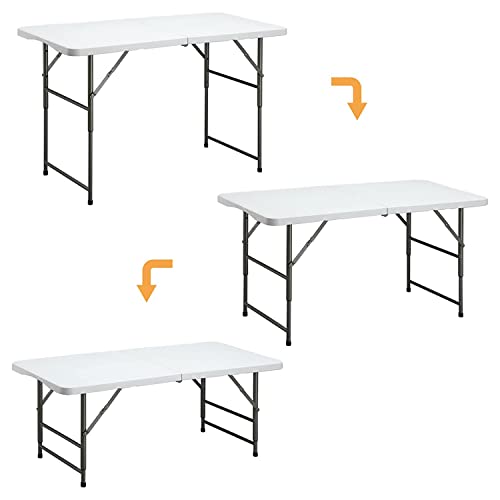 ALIMORDEN 4ft Bi-Folding Height Adjustable Camp Picnic Table, 48\" Plastic Dining Table, Event Commercial Table, Indoor&Outdoor Heavy Duty Trestle Card Table for Wedding, Party, Garden, Patio, White