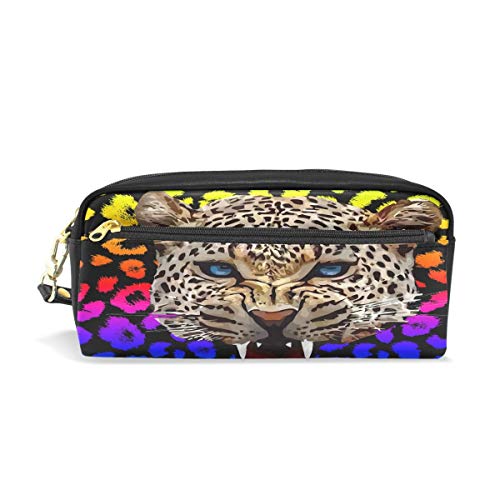 Preisvergleich Produktbild Federmäppchen Kosmetiktasche Leopard Animal Printed Travel Makeup Pouch Große Kapazität Wasserdichtes Leder 2 Fächer für Mädchen Jungen Frauen Männer