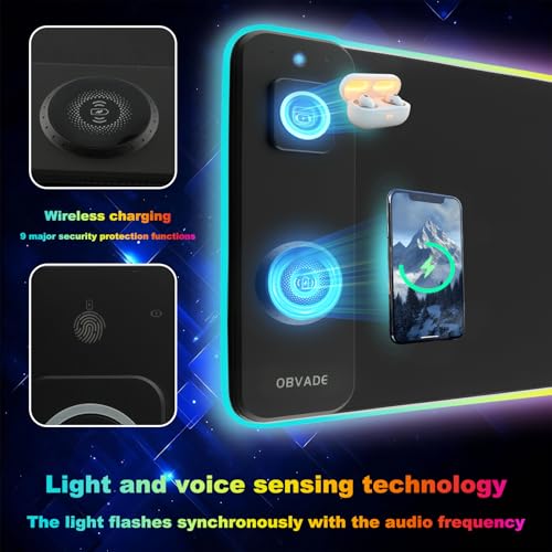 Image of Gaming RGB Mouse Pad Wireless Charging XXL Desk Mat for Keyboard 15w Fast Charger 11 Led Light Modes Non-Slip Large Office Desk Pads on Top of Desks