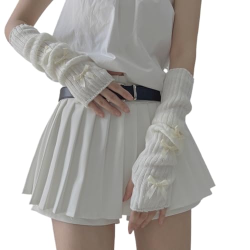 CazDopaM Women's Cute Y2K Arm Warmers Kawaii Knitted Arm Sleeve Fashion Gothic Punk Style Fingerless Sleeve (white + off-white bow)