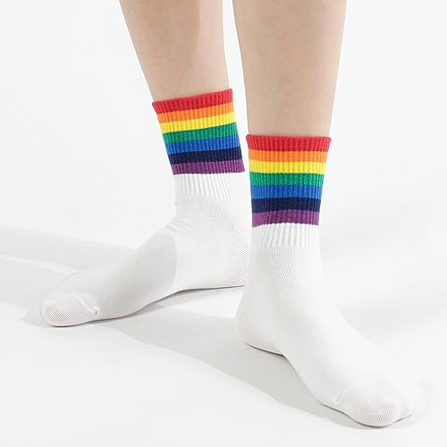 Kikiya Socks Women Patterned Crew Socks | 6 Pairs Rainbow Pride Calf Tube Stripes Black White Athletic Colorful Novelty Daily Cotton Socks, Womens Ladies & Girl Gift Casual Korean Socks | Rainbow Line #TOP5