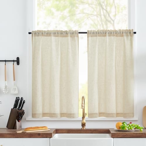 TOPICK Cortinas Cocina Corto Antiviento, Beige 65L x 90H(cm) 2 Paneles con Bolsillos de Barra Pequeña Cortina, para Ventana, Armario, Mueble Bajo, Habitación Protector de Fregadero