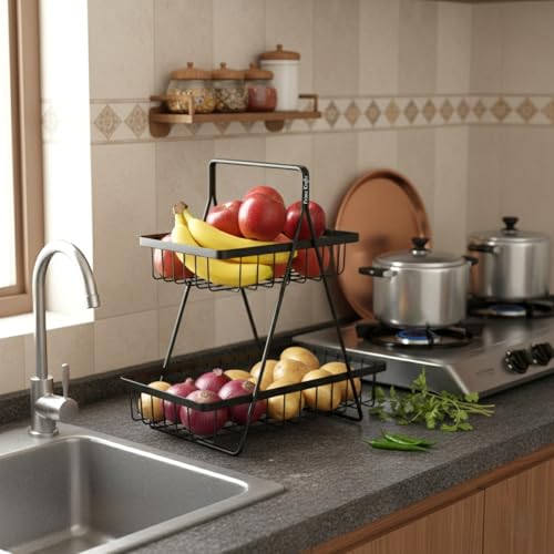 Image of 2 Tier Metal Fruit and Vegetables Basket with Handle | Fruit Vegetables Snacks and Bread Organizer for Kitchen, Dining Table, Livingroom | Bathroom Countertop Stand (Design 2 - Black)