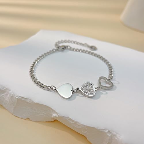 Image of Fashion Stainless Steel Cubic Zirconia Hearts Charm Link Chain Bracelet(White)