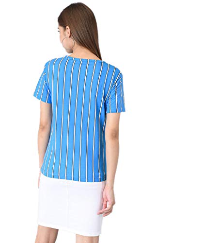 Image of KOTTY Blue Striped Cotton Women T-Shirt