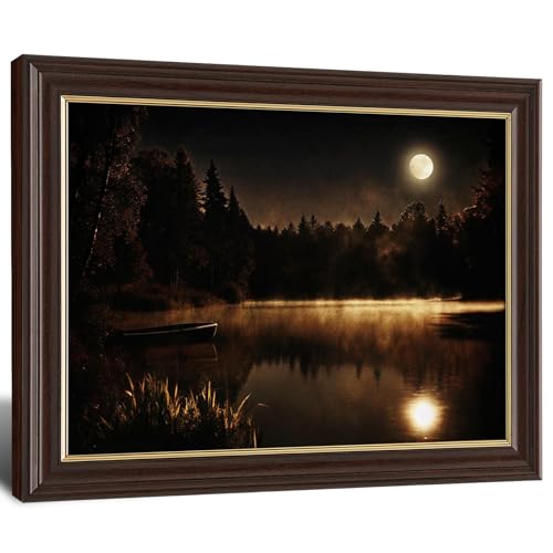 Image of Framed Vintage Moonlit Lake Canvas Wall Art, Misty Forest Night Landscape Canvas Prints Pictures, Dark Nature Wall Decor for Living Room Bedroom Farmhouse Home Aesthetic