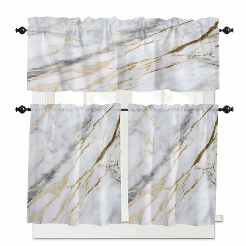 Marble White Gold Kitchen Curtains 36 Inch Length, 3 Piece Rod Pocket Small Half Tiers and Valance Set, Modern Abstract Geometric Small Large Window Treatment Decor for Bedroom/Bathroom Sink