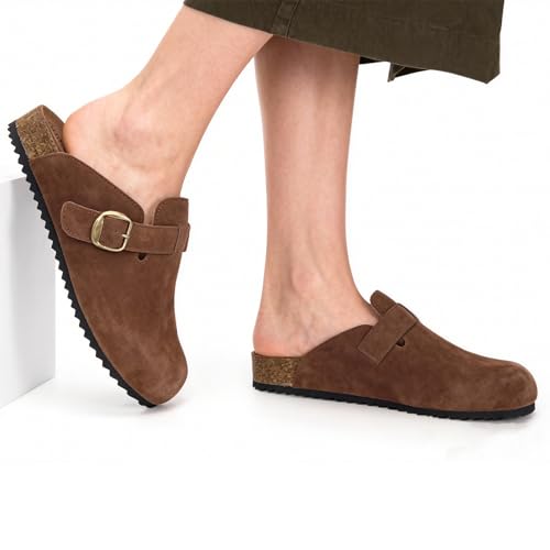 Image of ZUSERIS Suede Clogs for Women Men Wide Width Leather Mules | Soft Cork Footbed,Arch Support,Comfort Potato Shoes