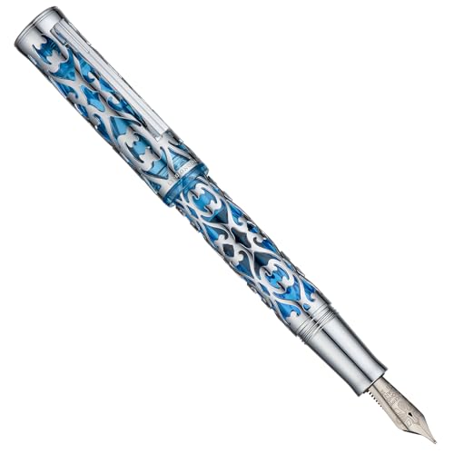Image of Hongdian D1 Piston Fountain Pen Fine Soft Nib, Silver Blue Hollow Skeleton & Resin Pen with Metal Case Set