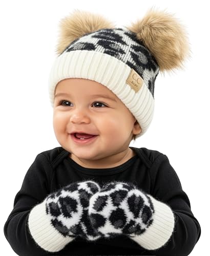 Image of Funky Junque Baby Pom Beanie & Fleece Mittens Set - Warm Winter Essentials - Spring Colors, Classic Neutrals, Pattern Styles