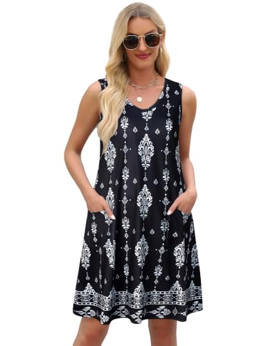 Image of elescat Womens Summer Dresses Casual V Neck Sleeveless Pockets Beach Loose Tank Sundress 2026