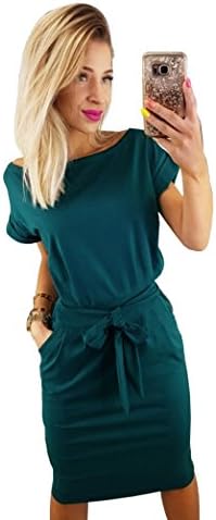 OppaaL Women's Elegant Short Sleeve Wear to Work Casual Pencil Dress with Belt (Small, Dark Green)