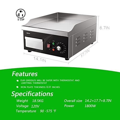 Topkitch Electric Griddle, 14 Inch Flat Top Grill Commercial Electric Griddles Stainless Steel Adjustable Temperature Control 90℉-575℉ For Home Or Restaurant Use #TOP2