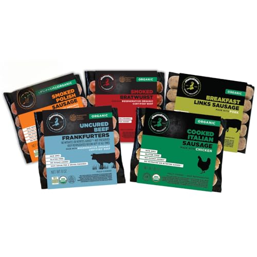 Charcutnuvo Organic Sausage Bundle 5-Pack – Breakfast Links, Cooked Italian Chicken Sausage, Uncured Beef Frankfurters, ROC™ Smoked Bratwurst, Smoked Fresh Polish Sausage