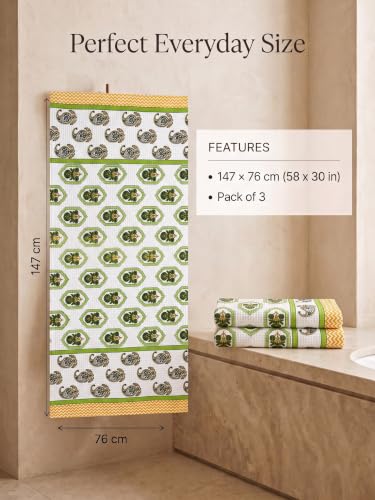 Image of Mafatlal Madhuban 250 GSM Cotton Bath Towels Pack of 3 | Premium Waffle Weave | 147 x 76 cm | Quick Dry | Everyday Use | Mint Green
