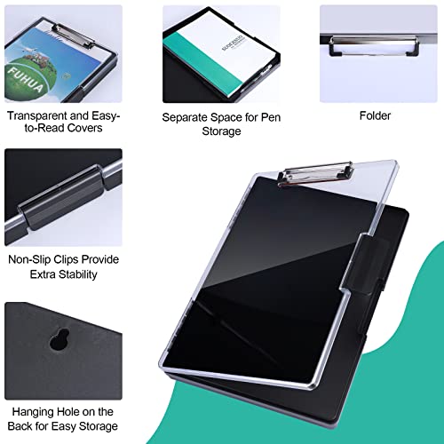 FRETONBA Klemmbrett a4 mit Aufbewahrungsfach, Kunststoff-Klemmbrett mit Ablage, Leichtes Zwischenablage, Tragbares Schreib-Klemmbrett mit Fach, Ideal für Schule/Industrie/Büro, Schwarz