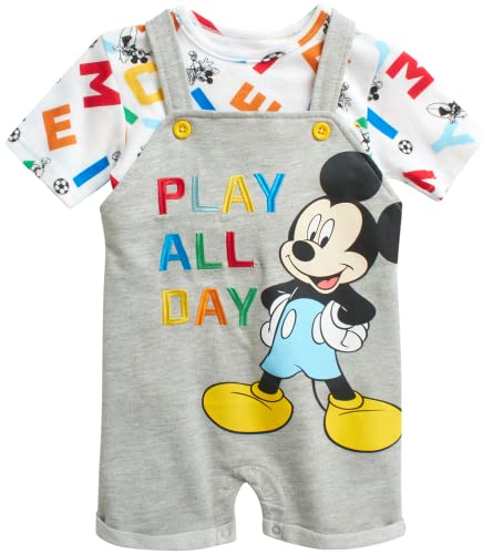 Image of Disney Baby Boys' Overall Short Set, 2-Piece Mickey Mouse & Winnie The Pooh Shortall Romper T-Shirt Short Set (0-3M – 24M)