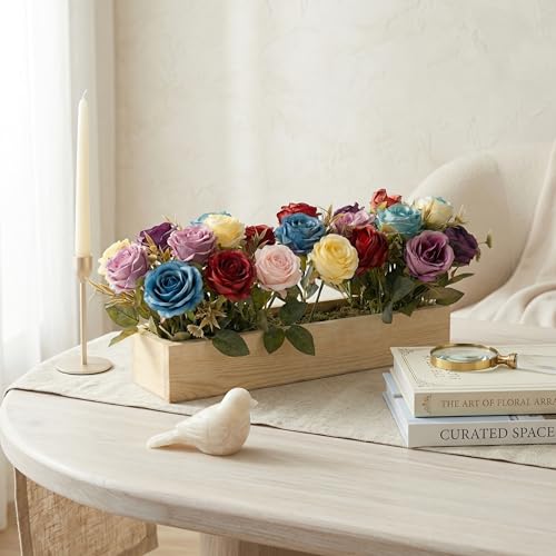 Image of Dekorly Artificial Multi Color Roses Flower Arrangement with Wooden Planter (24 CM) | Premium Realistic Floral Decor for Table & Living Room | Stylish Indoor Decor for Living Room
