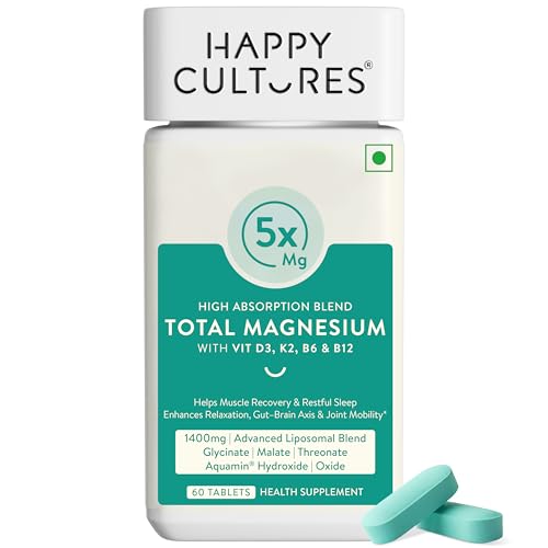 Image of Happy Cultures 5X Total Magnesium Glycinate | 1400mg Blend of 5x Mg Complex | 440mg Elemental Magnesium | Vitamin D3, K2, B6, B12 | Promotes Deep Sleep, Muscle Recovery & Heart Health | 60 Tablets