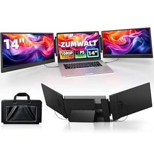 ZUMWALT Laptop Screen Extender, 14″ Triple Portable Monitor for Laptop, 1080P FHD Screen Extender Monitors for 13″-16.5″ Laptop, Monitor Extender for Mac/Windows/Chrome (Built-in Speakers)
