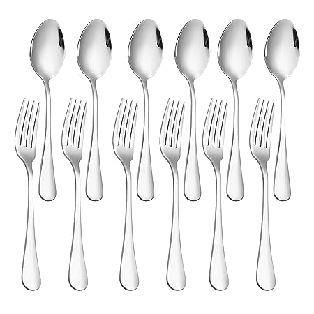 Stainless Steel Fork and Spoon Set of 12 Mirror Polishing Cutlery Set Silverware Forks & Spoons Dishwasher Safe Dining Table Accessories for Home Kitchen & Restaurant (Spoons & Forks Set of 12)