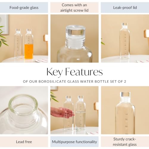 Image of Nestasia Glass Water Bottle Set of 2 (550ml Each) | Leakproof Glass Bottle Set with Airtight Screw Cap for Juice, Milk, Detox Water, Office & Daily Use | Transparent & Durable Fridge Water Bottle