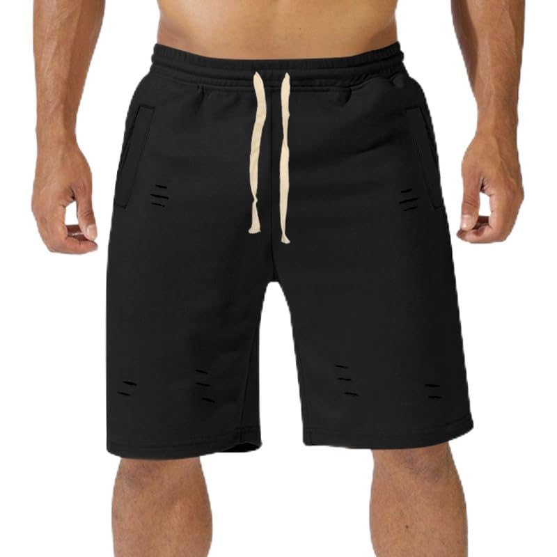 Summer Loose Elastic Waist Drawstrin Shorts Mens Sports Ripped Beach Pants with Pockets Fashion Bermuda Shorts