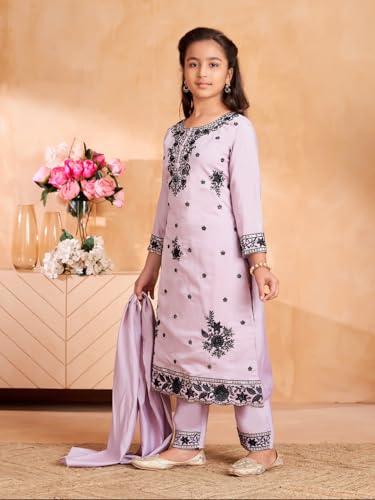 Image of Aarika Girls Ethnic Wear Sea Green Colour Thread Sequin Embroidery Kurti Pant Set With Dupatta