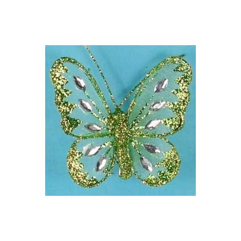 Artificial Mesh Glittered Butterflies - 8cm, Green, Tray of 12 Cover