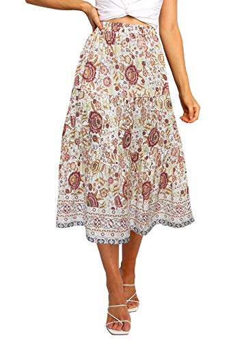 MEROKEETY Women's Boho Leopard Print Skirt Pleated A-Line Swing Midi Skirts