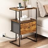 Kzings Buro para Recamara con Estación de Carga, Mesa de Noche con Cajon de Tela, Mesita de Noche Organizador Minimalista,...