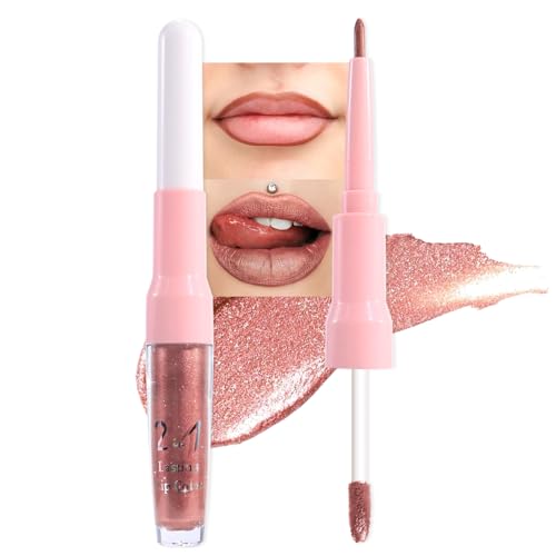 Image of evpct Bronze Gold Metallic Glitter Lip Liner and Lipstick Combo Lip Gloss Stain Set Makeup for Women Long Lasting Waterproof 24, Rose Gold Metallic Shimmer Frosted Iridescent Glossy Liquid Lipstick 14
