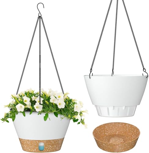 ZMTECH Hängetopf für Pflanzen, 20cm Blumentopf Ampel Hängend, Kunststoff Hänge Blumentopf mit Untersetzer für Außen Draußen Deko für Garten Balkon Wohnzimmer(2er-Set, Weiß)