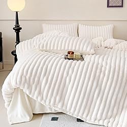 Funda Nordica Pelo Primark Menkala Ropa de cama de felpa de 135 x 200 cm, color blanco, para invierno, cálido, pelo largo, pelo sintético, mullido, a rayas, lujoso, reversible, funda nórdica con cremallera y 1 funda de almohada