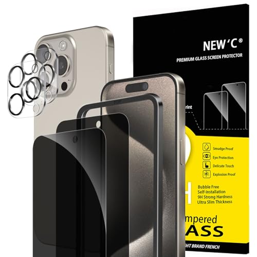 NEWC 2 x Sichtschutz für iPhone 15 Pro für Panzerglas (6 1 Zoll) und 2 x Kamera Panzer Schutz Glas Kameraschutz -Einfaches Installationswerkzeug enthalten- Verbesserter 28-Grad-schutzwinkel