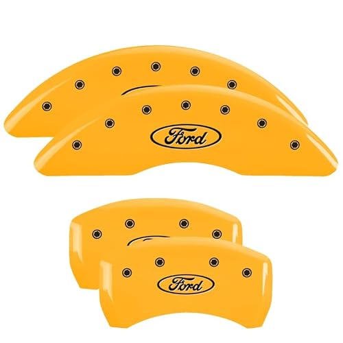 MGP Caliper Covers - Brake Caliper Covers Compatible with 2021+ Ford F-150 (Requires 18"+ Wheels) Powder-Coated Finish, 4 PCS Front and Rear (Yellow - Ford Oval Engraving)